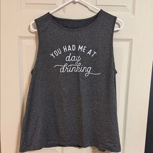 Graphic Muscle Tank with 'You Had Me at Day Drinking' Slogan - Dark Heather Gray